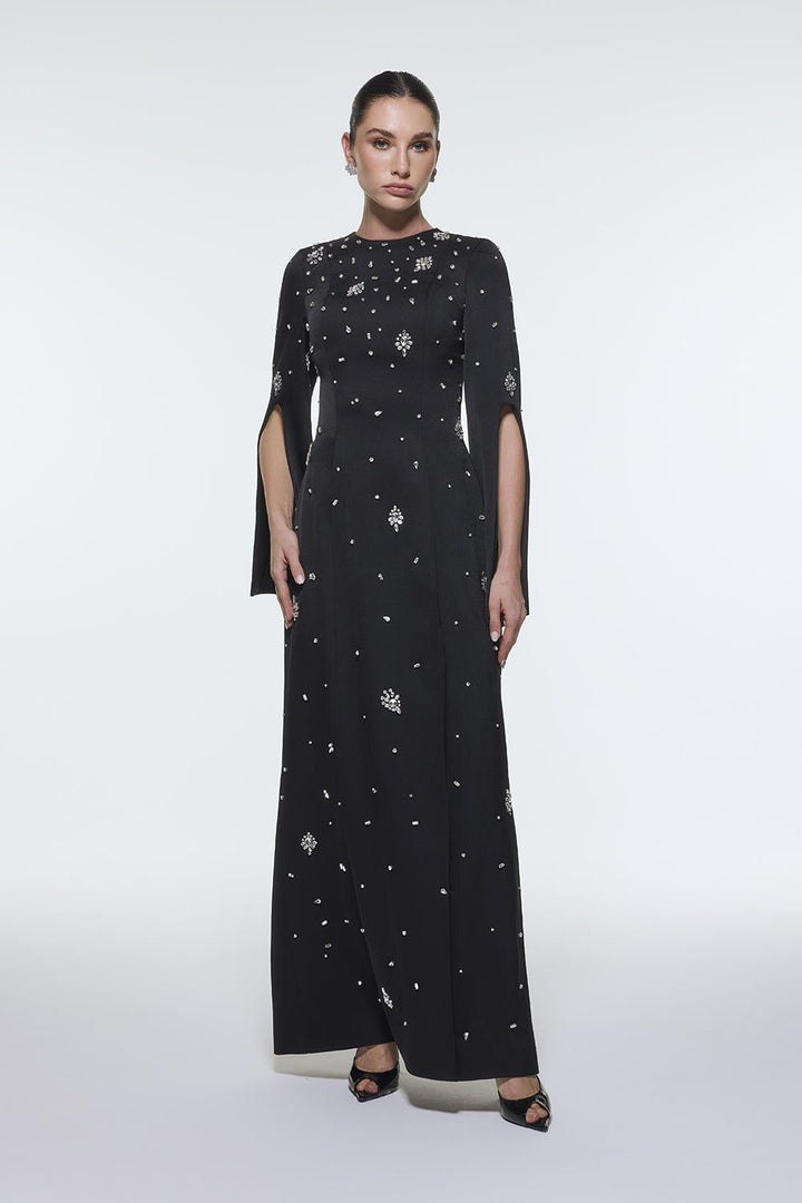 long-sleeve column gown with scattered crystal embellishments – NOIRÉ