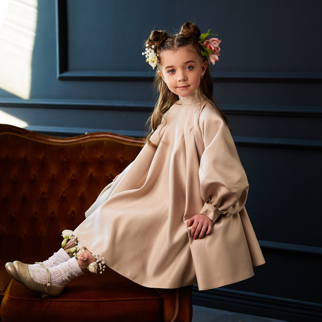 High-Neck A-Line Dress with Balloon Sleeves – PETALIA