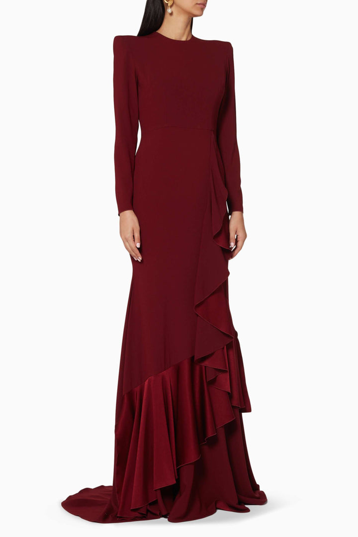 long-sleeve ruffled cascading gown – BORDEAUXG
