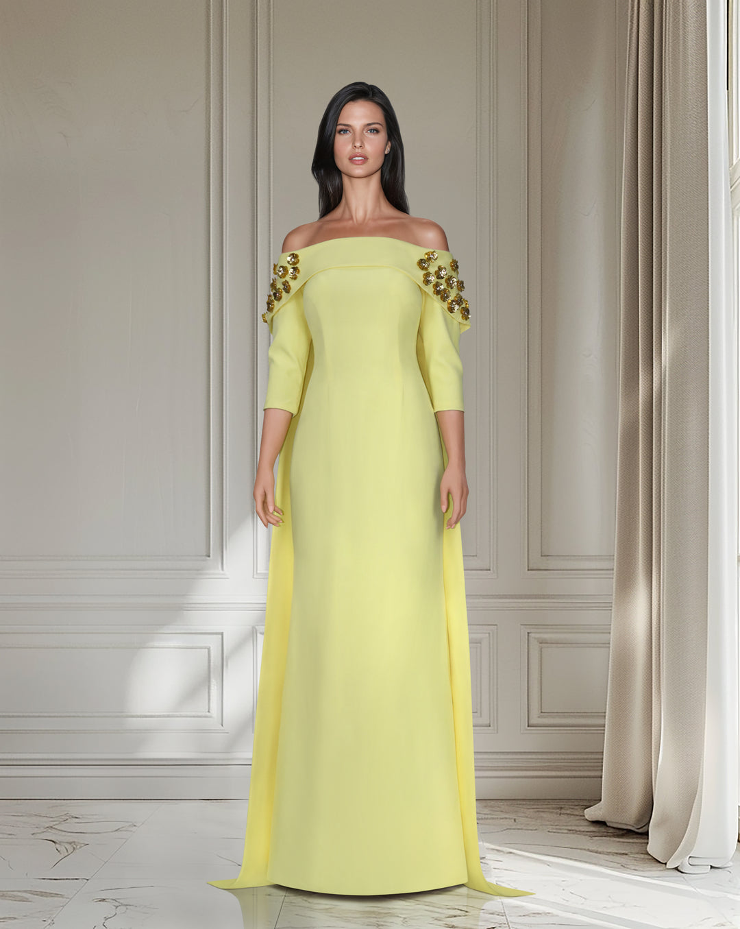 Strapless dress with back cape and 3D flowers - ZOSIME