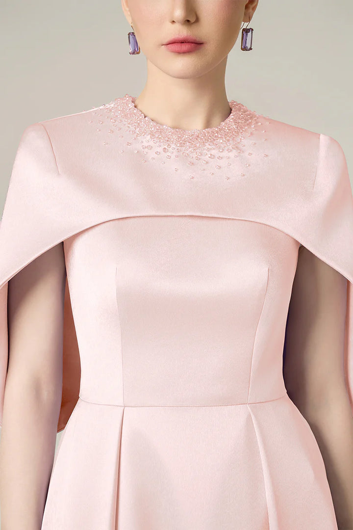 embellished cape gown in blush satin – AURELIA
