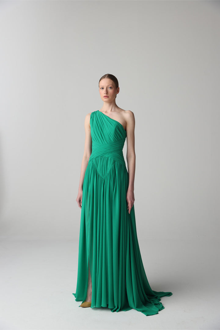 one-shoulder pleated chiffon evening gown – EMERALDA