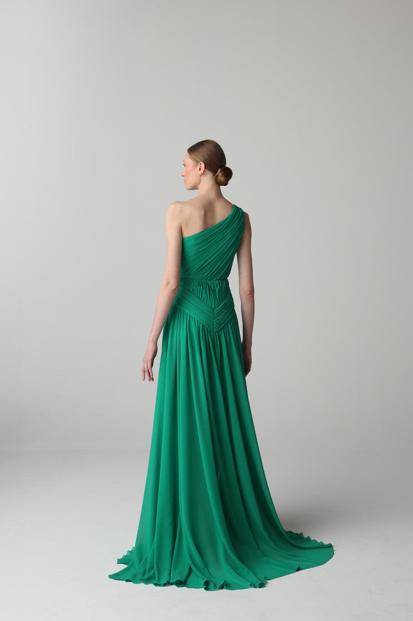 one-shoulder pleated chiffon evening gown – EMERALDA