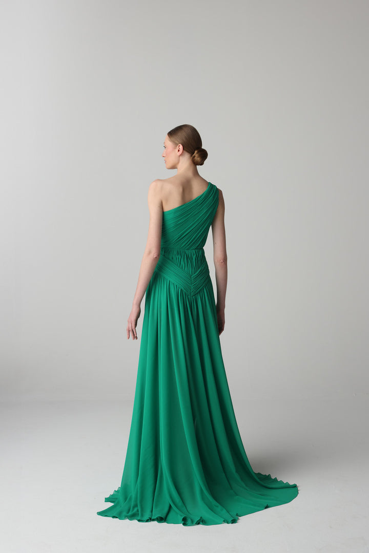 one-shoulder pleated chiffon evening gown – EMERALDA