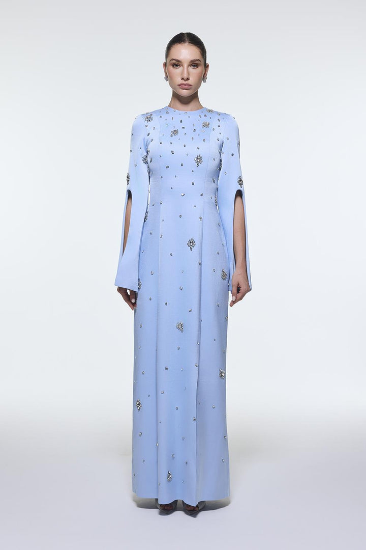 long-sleeve column gown with scattered crystal embellishments – NOIRÉ
