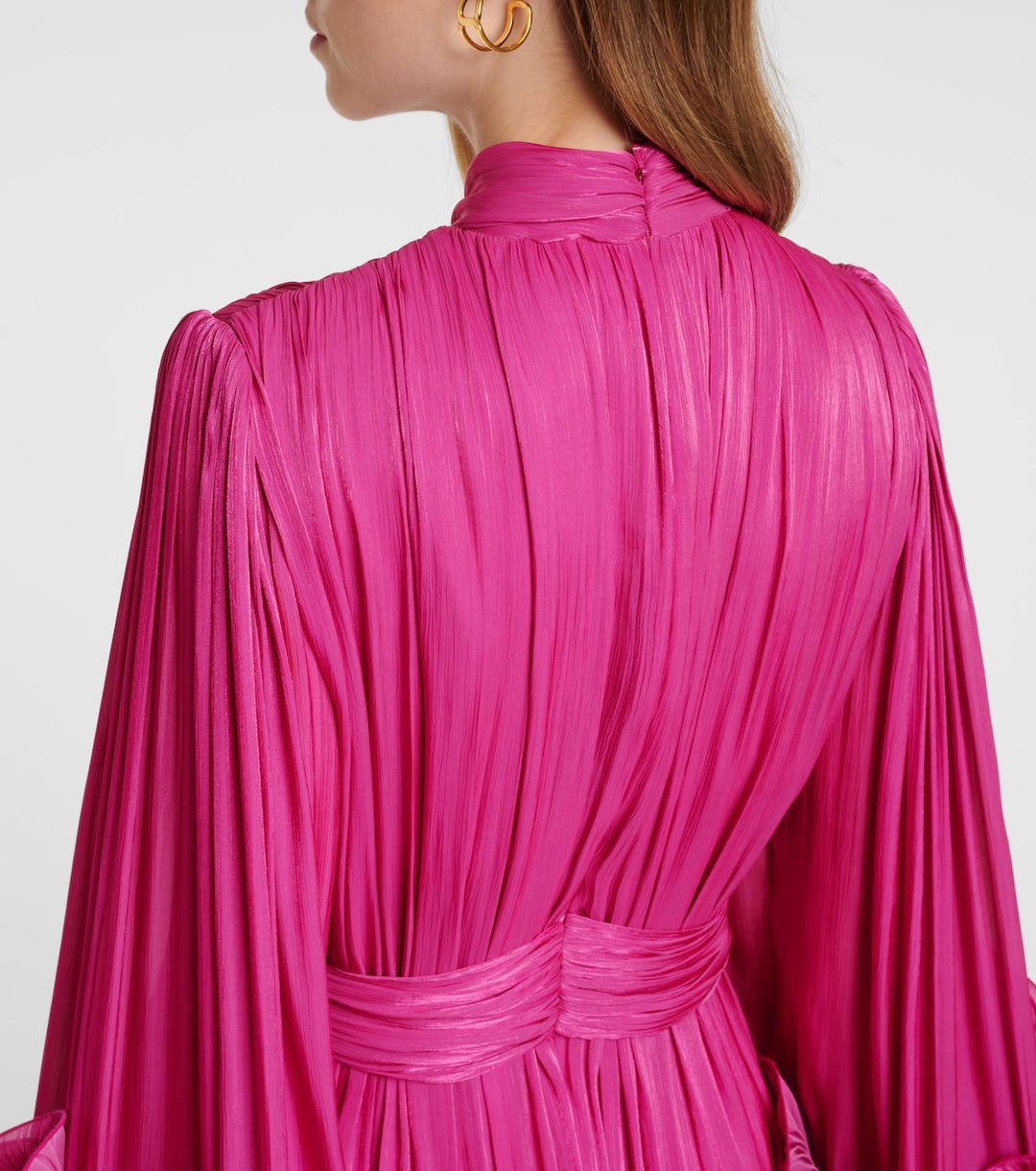 pleated chiffon midi dress with floral cuffs – FUCHSIA