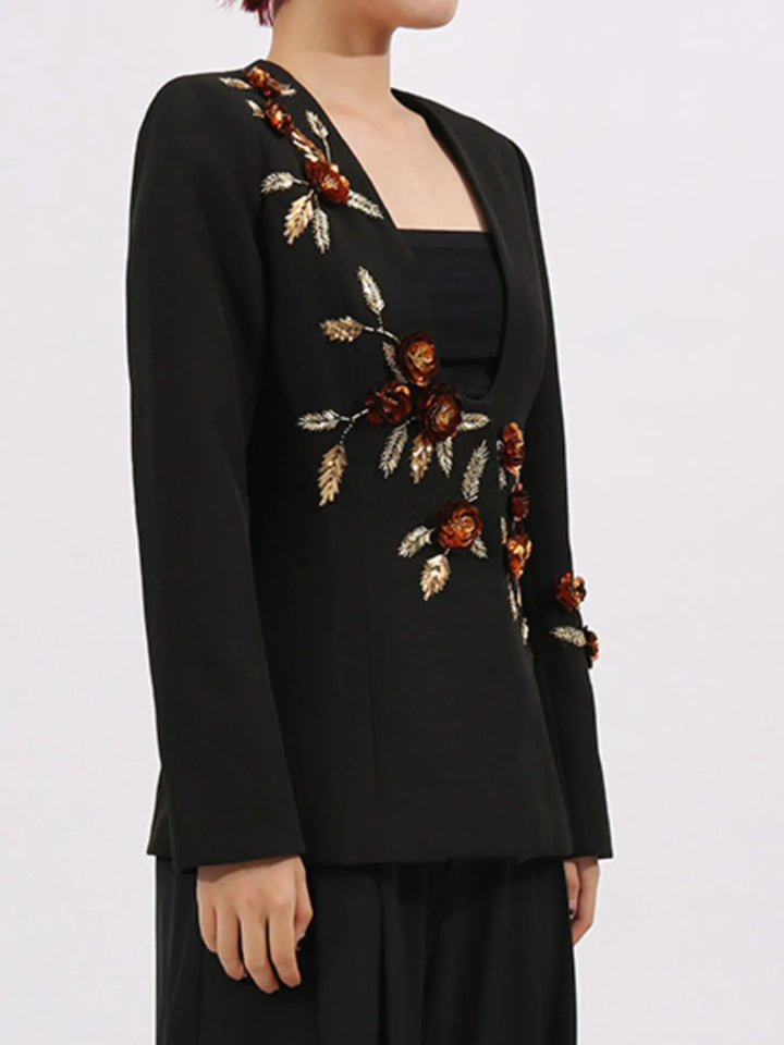 deep v-neck jacket with floral appliqué – SERENAZLU