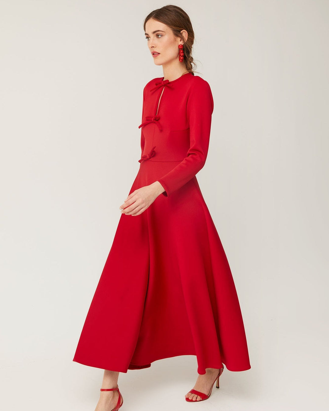 long-sleeve midi dress with bow accents – VERENA