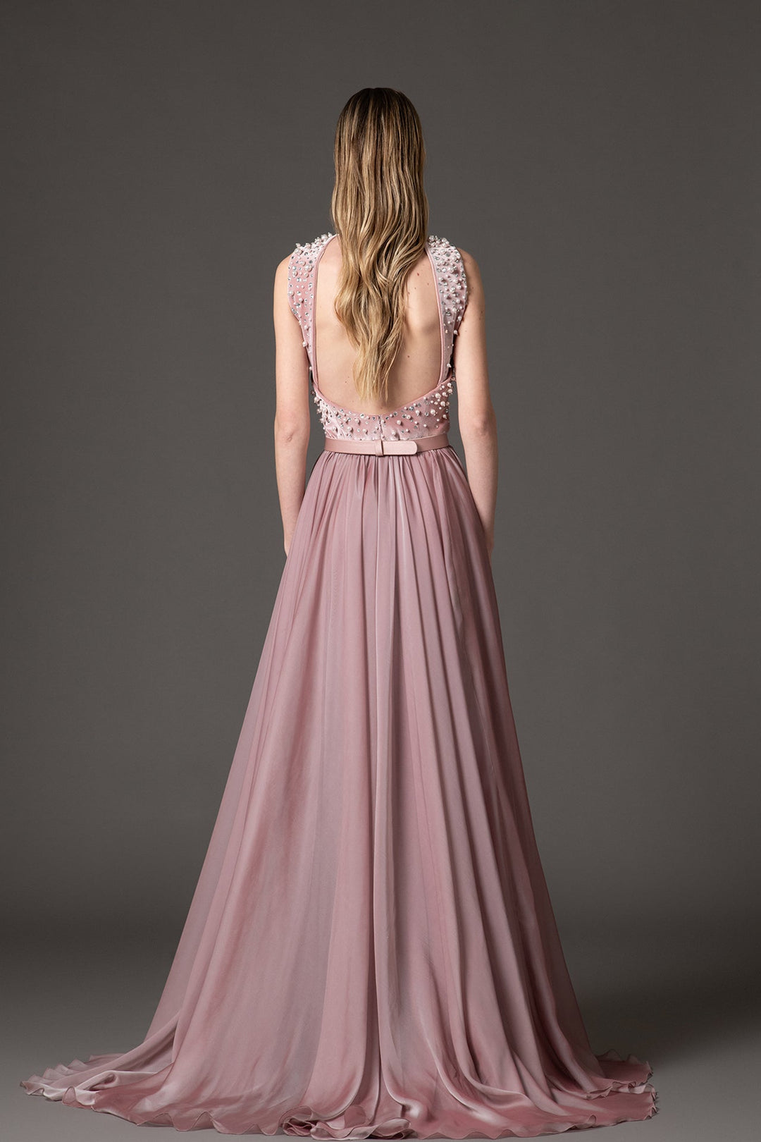pearl-embellished chiffon evening gown with high slit – SERAPHINE