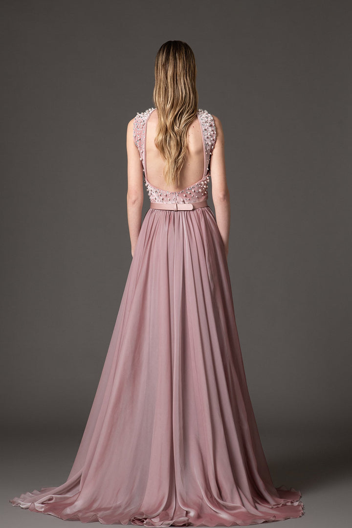 pearl-embellished chiffon evening gown with high slit – SERAPHINE