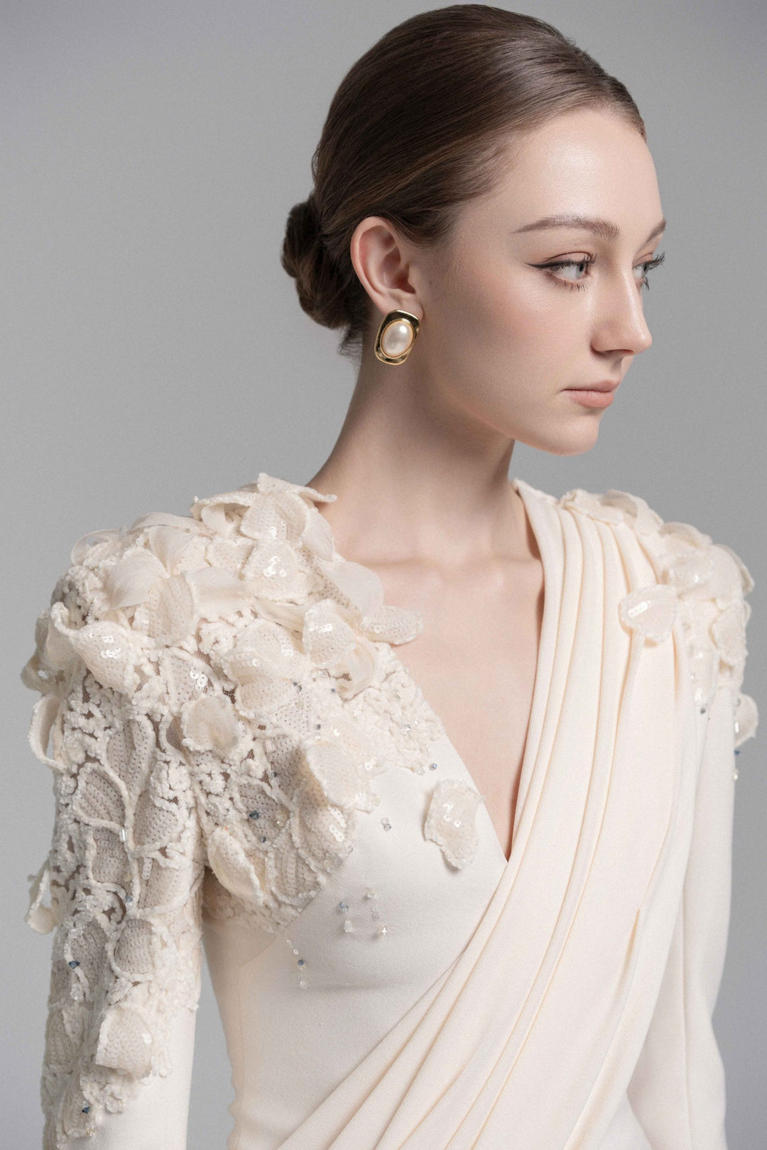 draped lace-embellished gown with floral shoulders – ELARIS