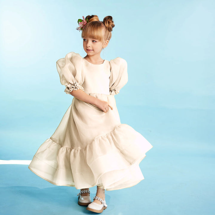 Long Black Tiered Organza Dress with Puff Sleeves – NOIR