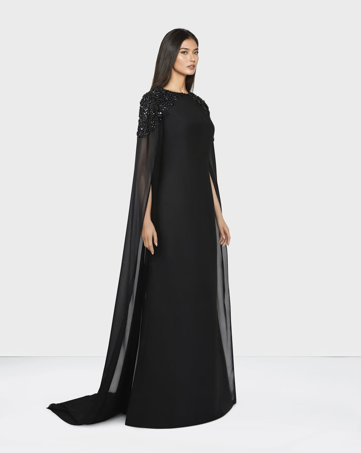 Beaded shoulders black dress with cape sleeves -ODD-Zoella