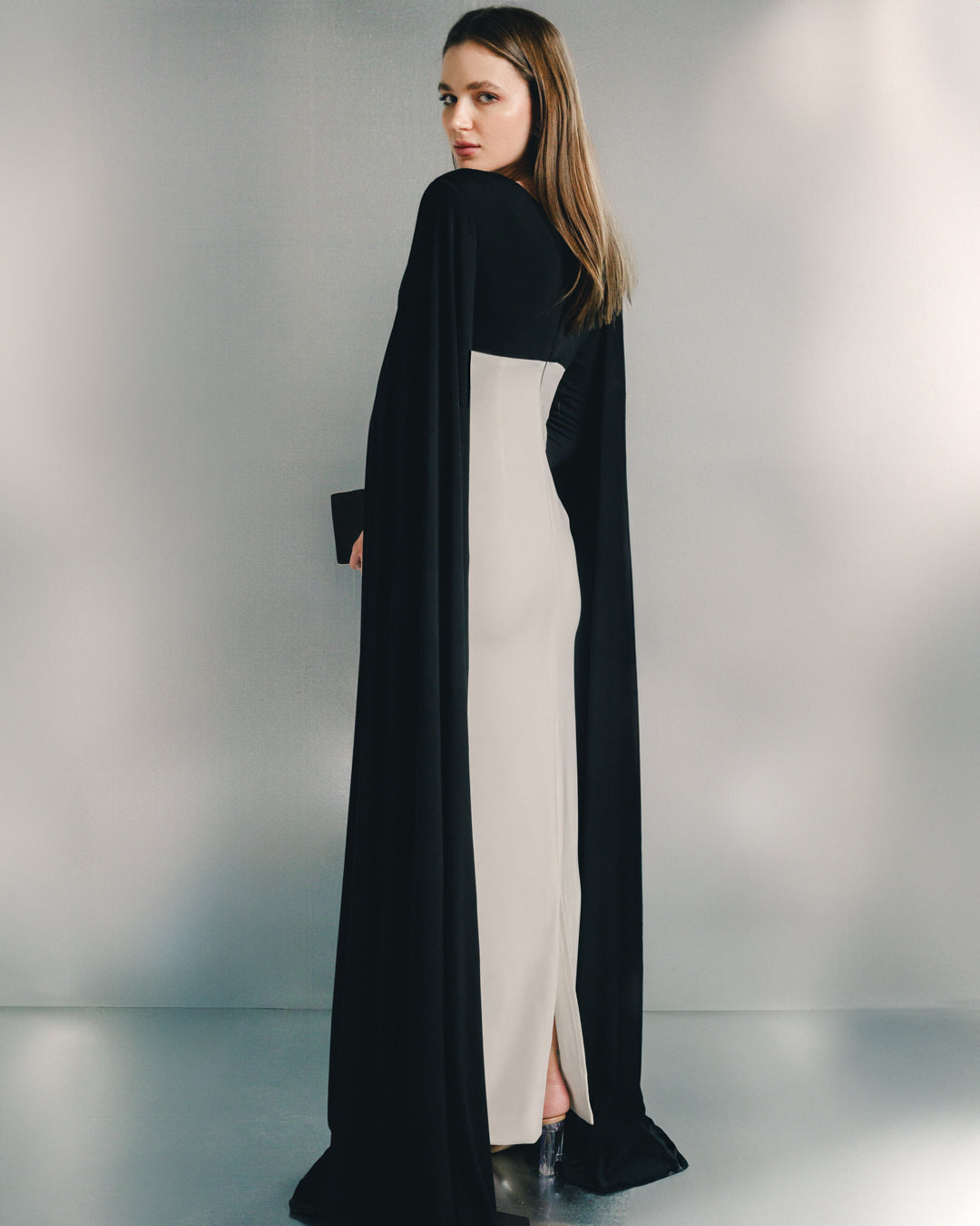 two-tone column gown with sheer draped sleeves – NOIRELLE