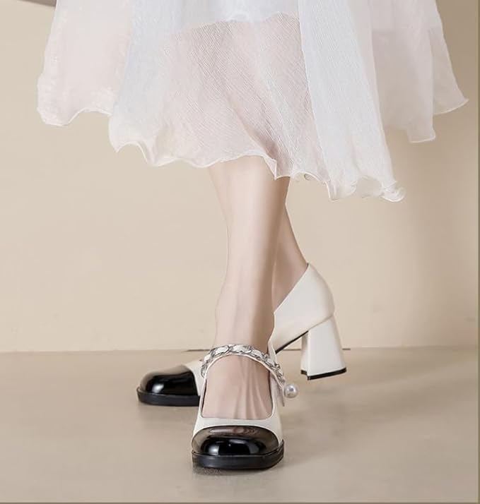 two-tone block-heel pumps with pearl chain strap – VÉRAXA