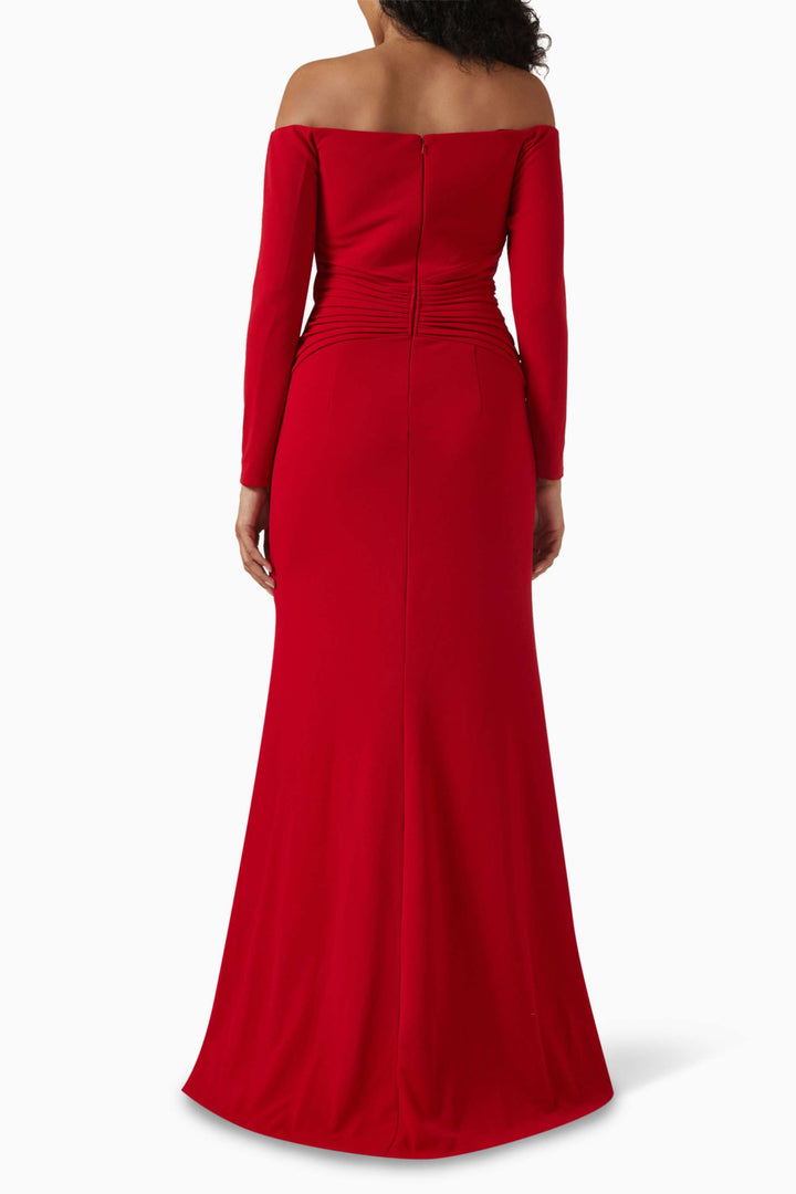 فستان حورية البحر مكشوف الكتفين ومطوي - كريمسون