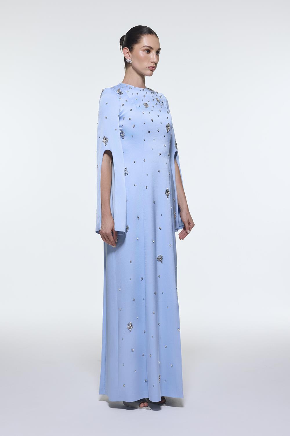 long-sleeve column gown with scattered crystal embellishments – NOIRÉ