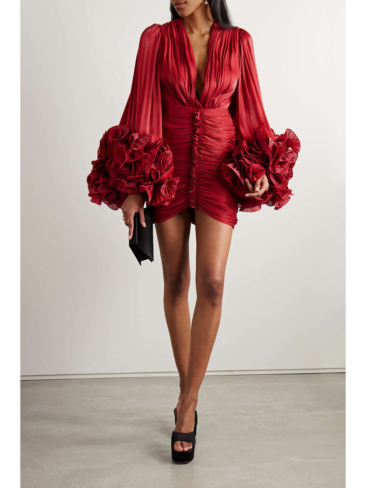 ruched mini dress with floral cuff sleeves – SCARLET