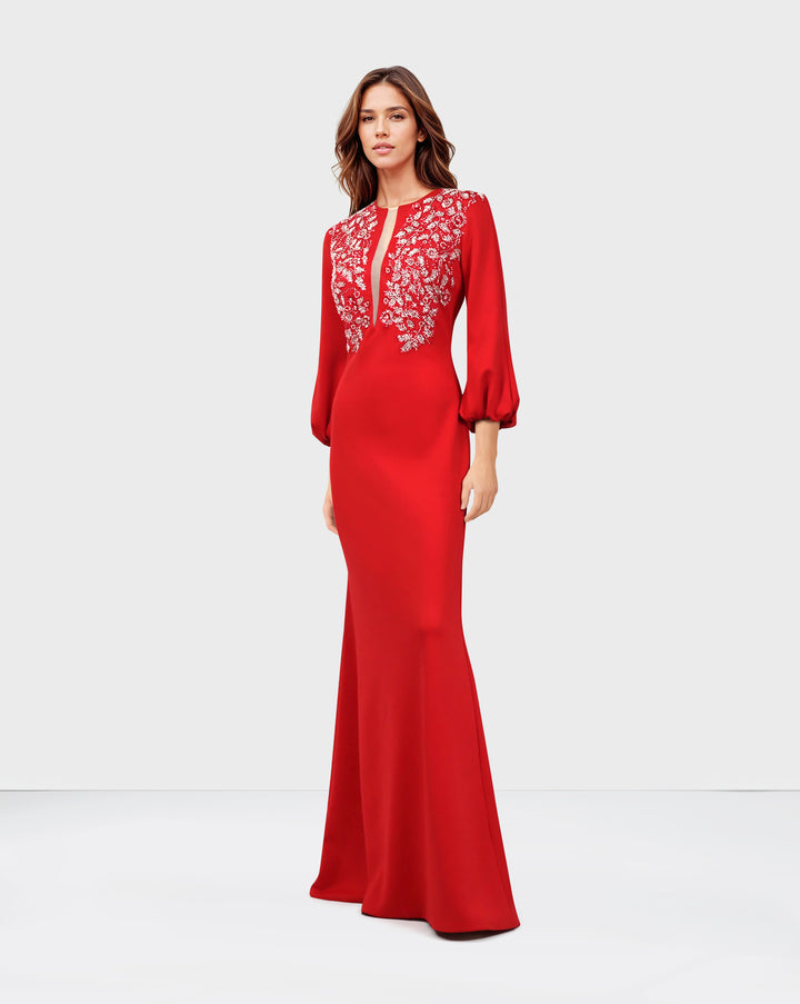 Red Floor-Length Beaded Dress with Puffed Sleeves