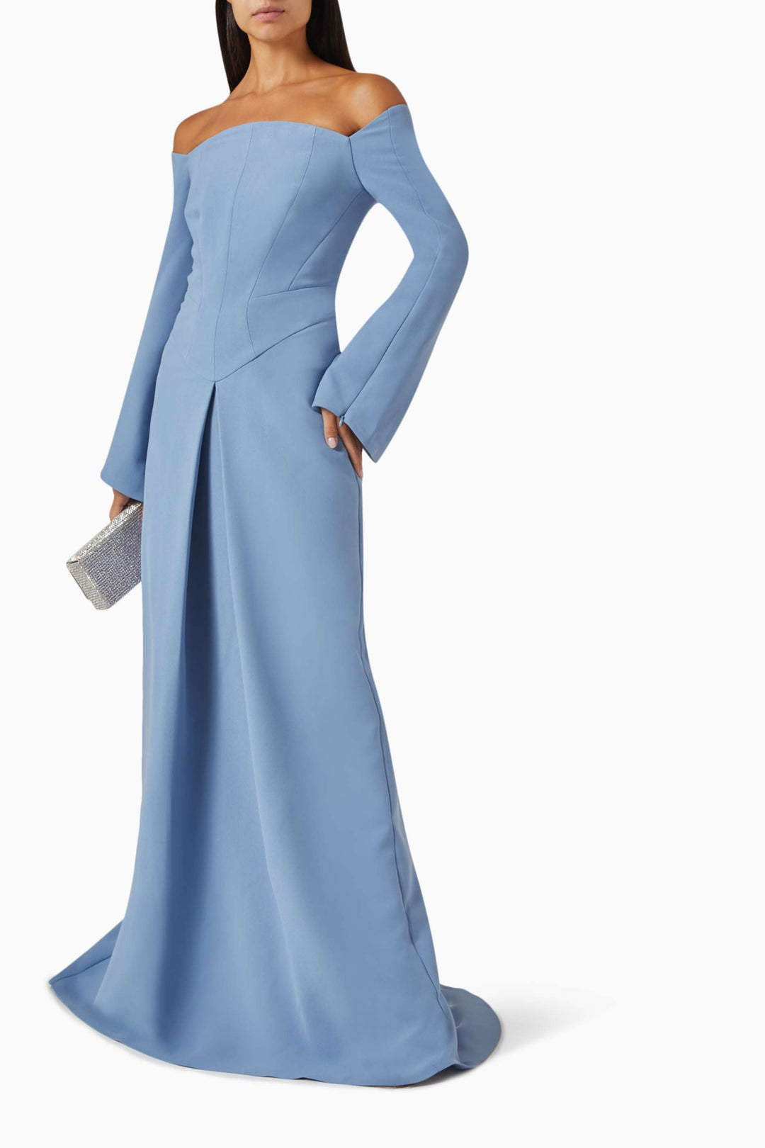 off-shoulder gown with flared sleeves – MERLOT