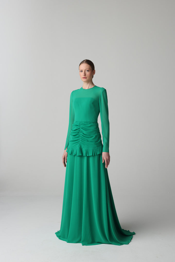 long-sleeve chiffon gown with ruched waist and ruffle detail – VERDINA