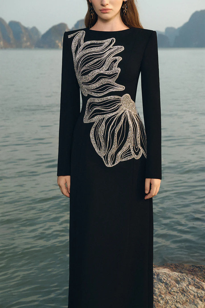 embellished sculptural gown with long sleeves – OCEANA