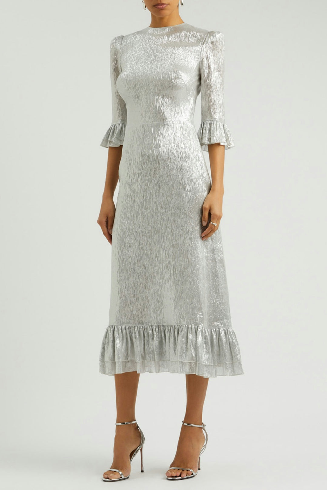 metallic midi dress with ruffled sleeves and hem – SERENA