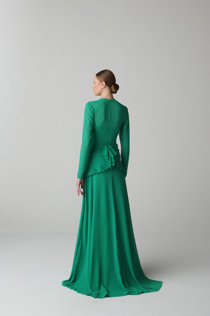 long-sleeve chiffon gown with ruched waist and ruffle detail – VERDINA