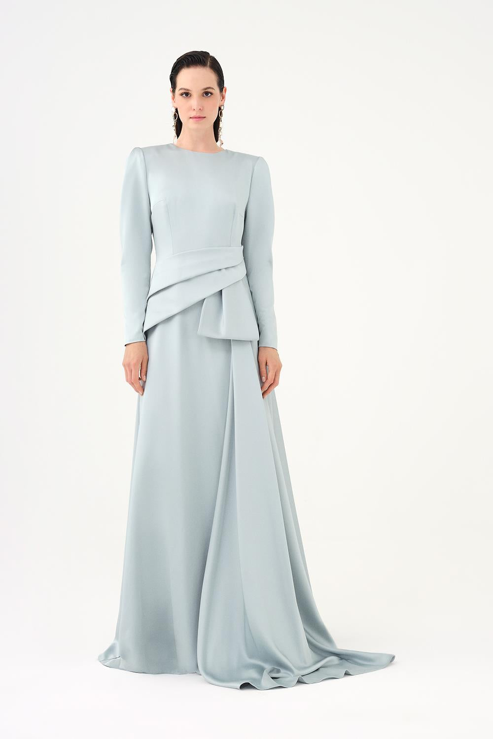 long-sleeve draped waist evening gown – ROSÉVA