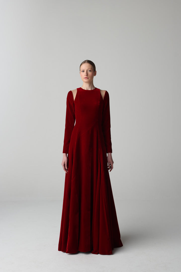 Long-sleeve column gown with shoulder cut-outs – VELARIA