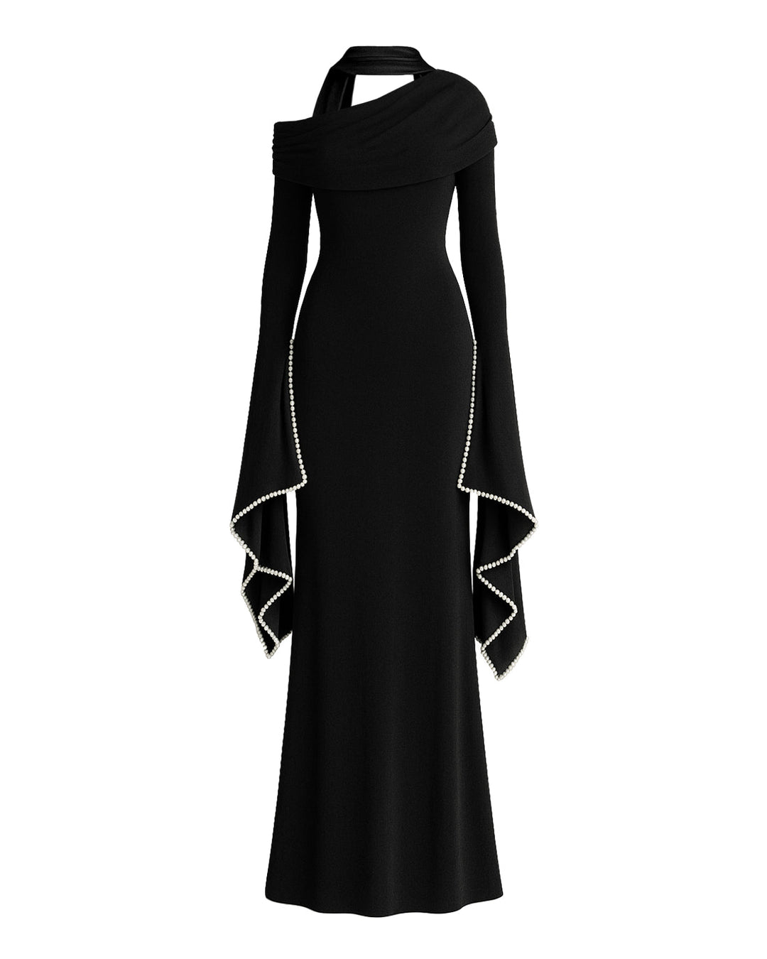 off-shoulder cape-sleeve column gown with pearl trim – NOIRELLE