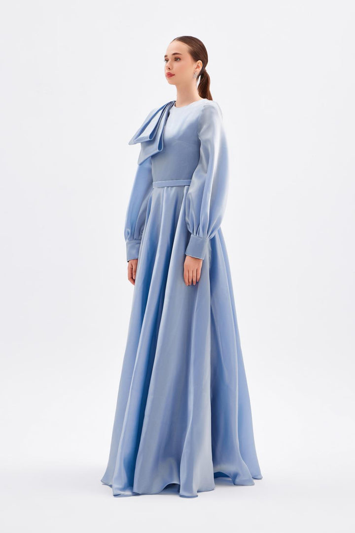 long-sleeve satin gown with sculpted shoulder bow – FUCHSIAE