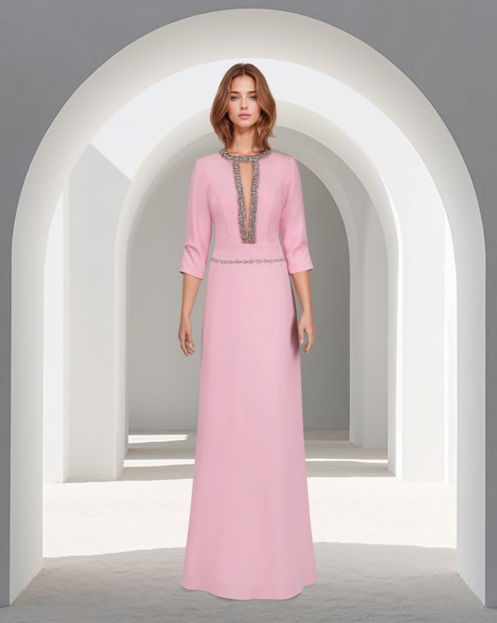 Beaded neckline - long floor length pink dress