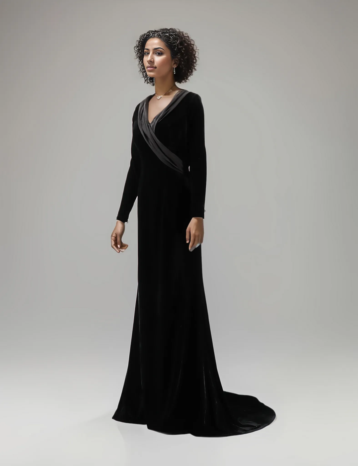 Long sleeve black velvet dress with a train - Deniya