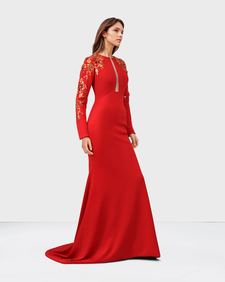 Red Floor-Length Dress with a Long Train and Sequined Sleeves