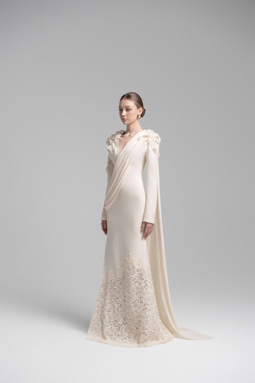 draped lace-embellished gown with floral shoulders – ELARIS