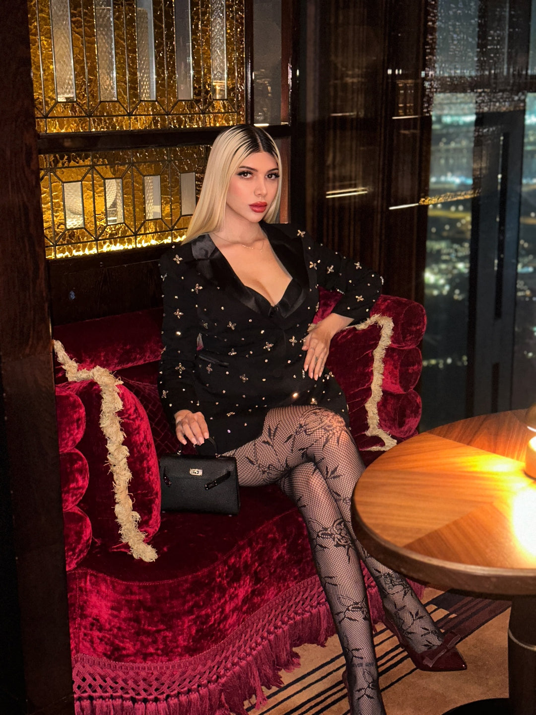 Embellished blazer mini dress with satin lapels – STEERLA