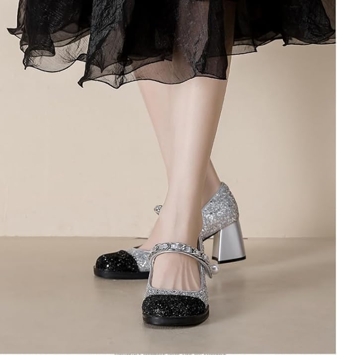 two-tone block-heel pumps with pearl chain strap – VÉRAXA