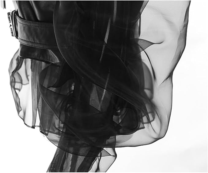 belted leather jacket with organza puff sleeves – KOLIR