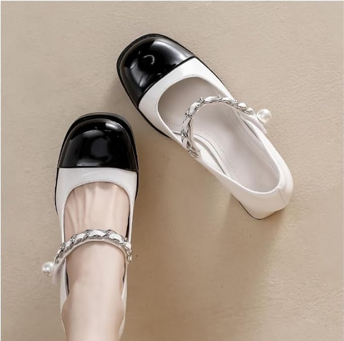 two-tone block-heel pumps with pearl chain strap – VÉRAXA