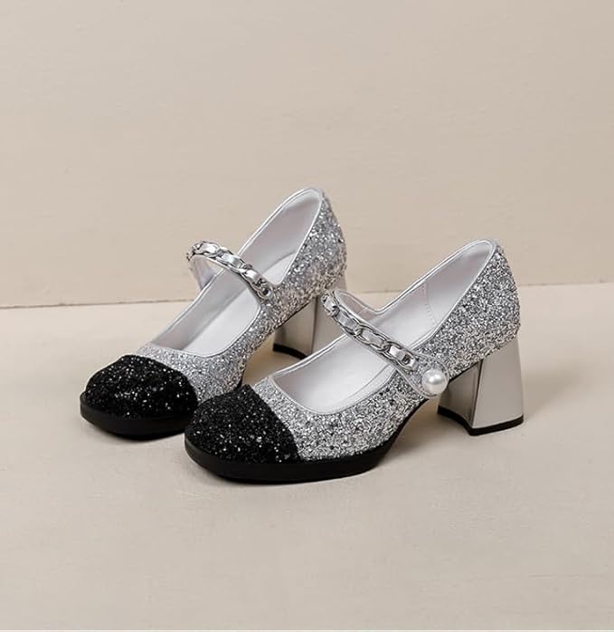 two-tone block-heel pumps with pearl chain strap – VÉRAXA