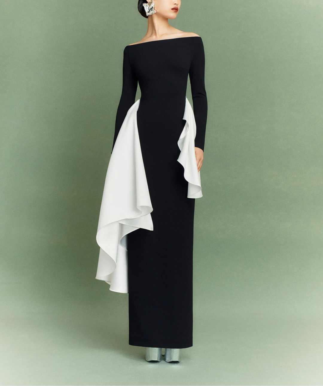 long-sleeve column dress with asymmetric draped panels – KIANA