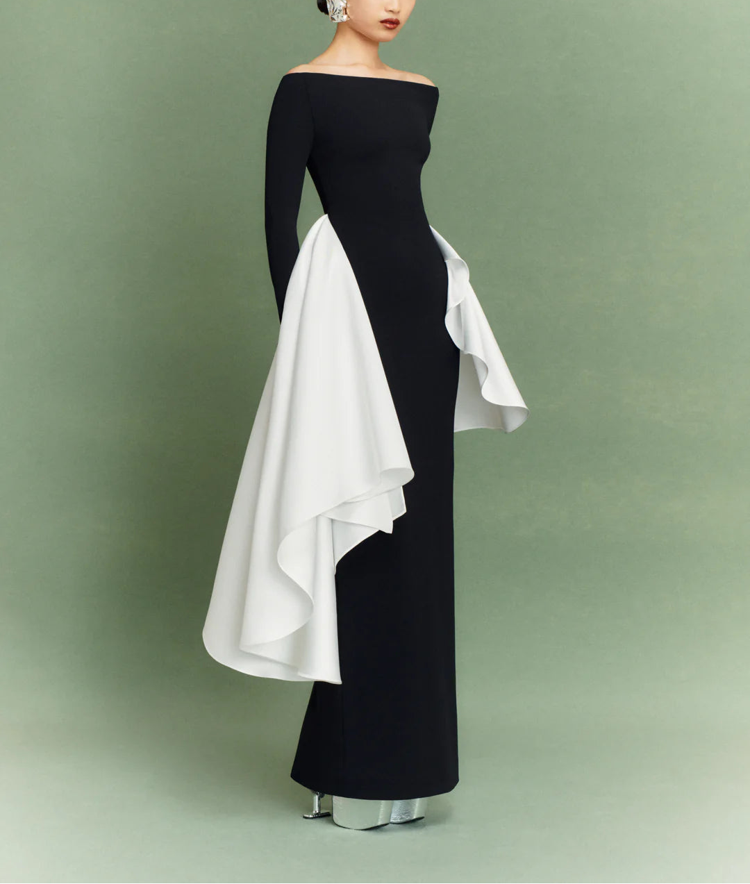 long-sleeve column dress with asymmetric draped panels – KIANA