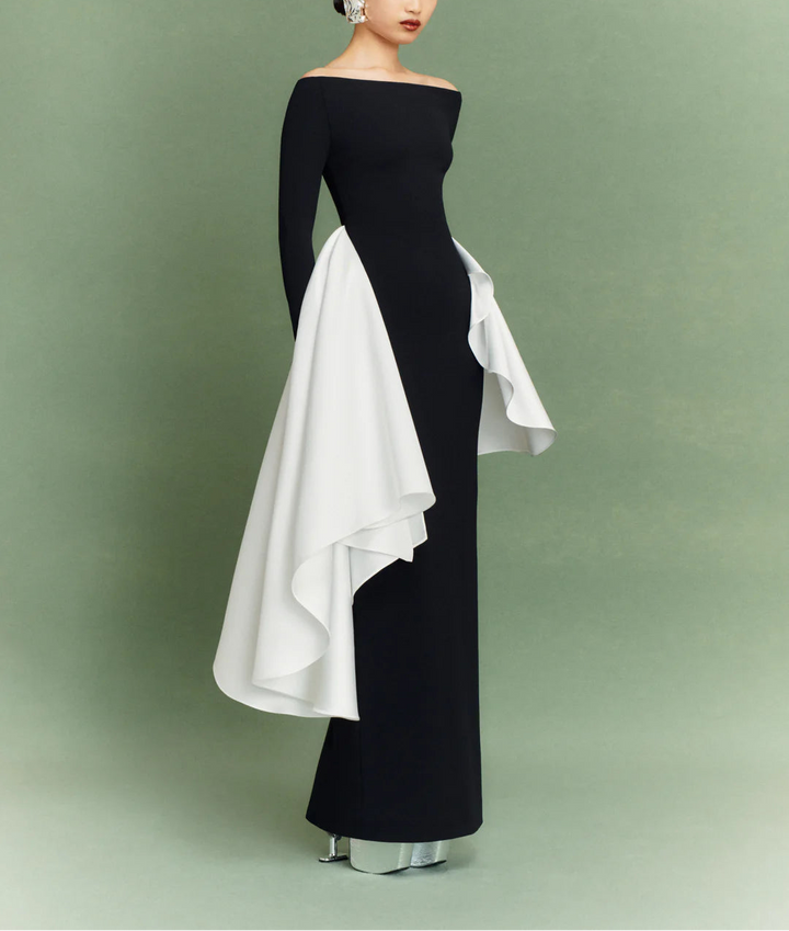 long-sleeve column dress with asymmetric draped panels – KIANA
