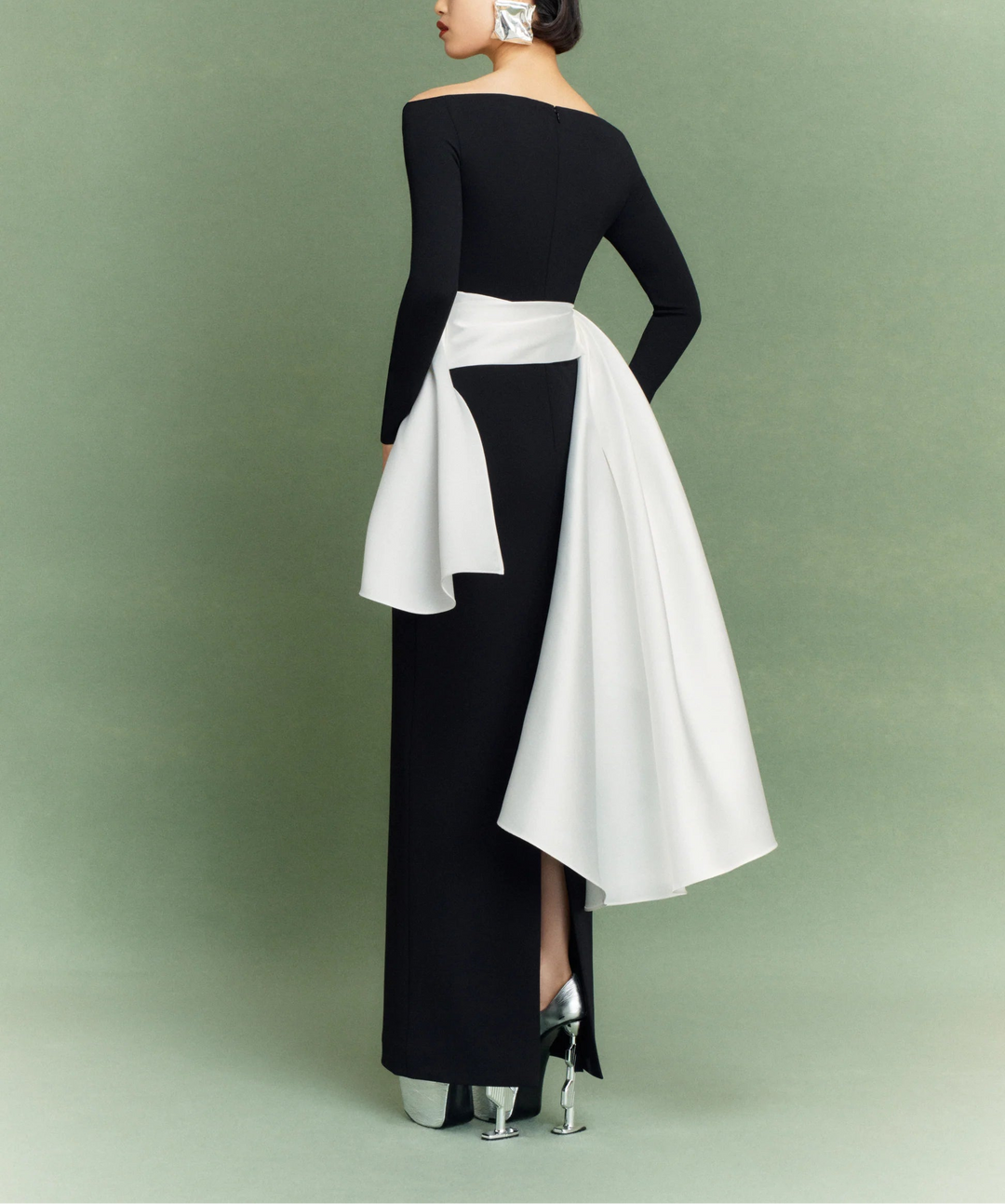 long-sleeve column dress with asymmetric draped panels – KIANA