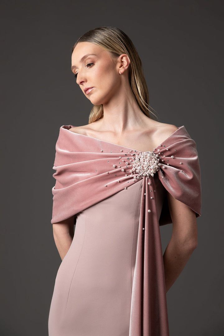 off-shoulder column gown with embellished velvet drape – ELYSIA