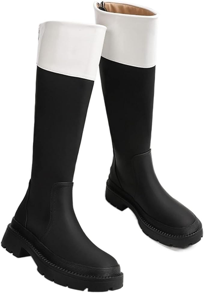 Two-tone knee-high leather boots with side buckle - ALORAZO
