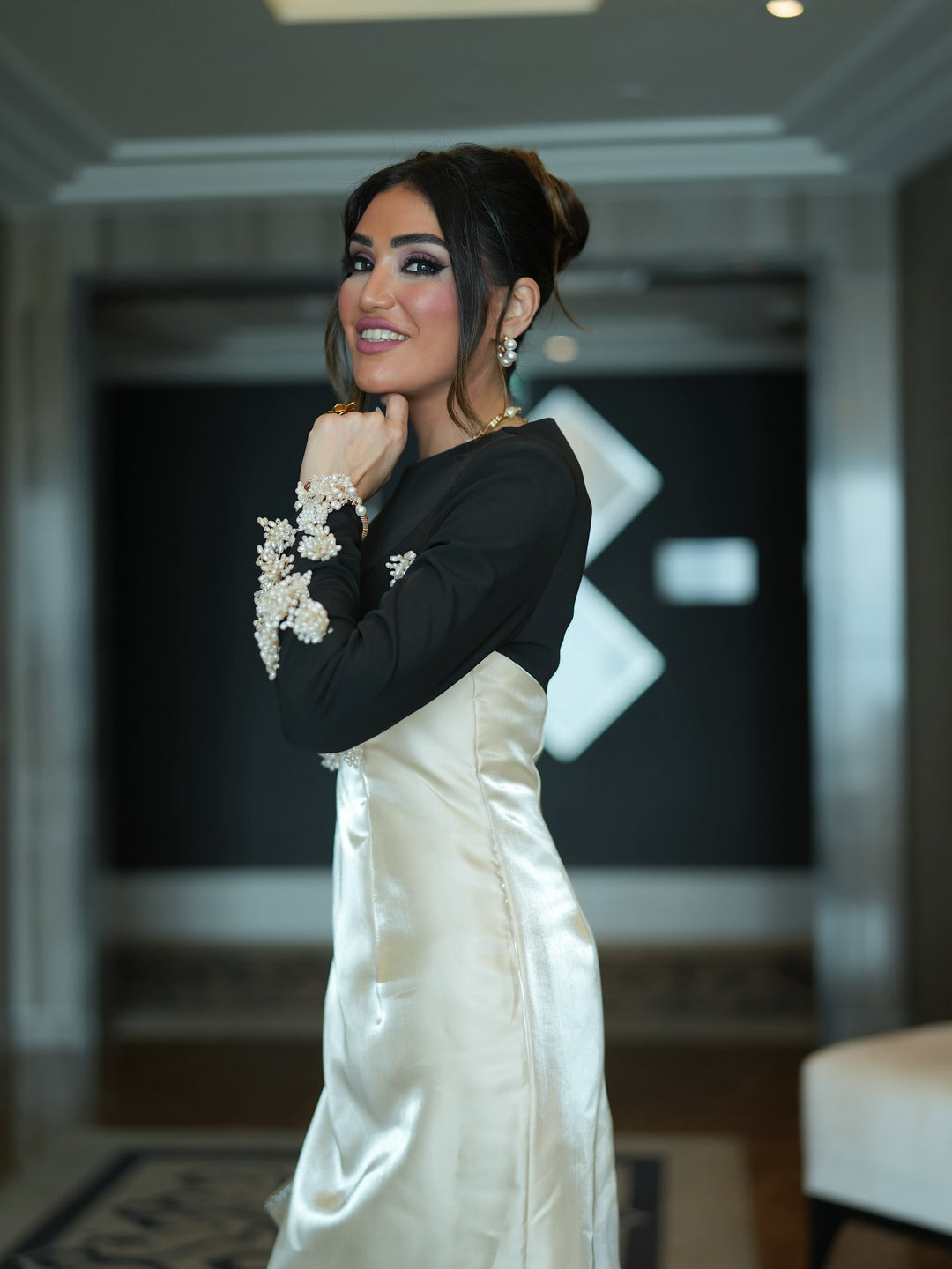 Long sleeve column dress with diagonal embellishments - LYSSA