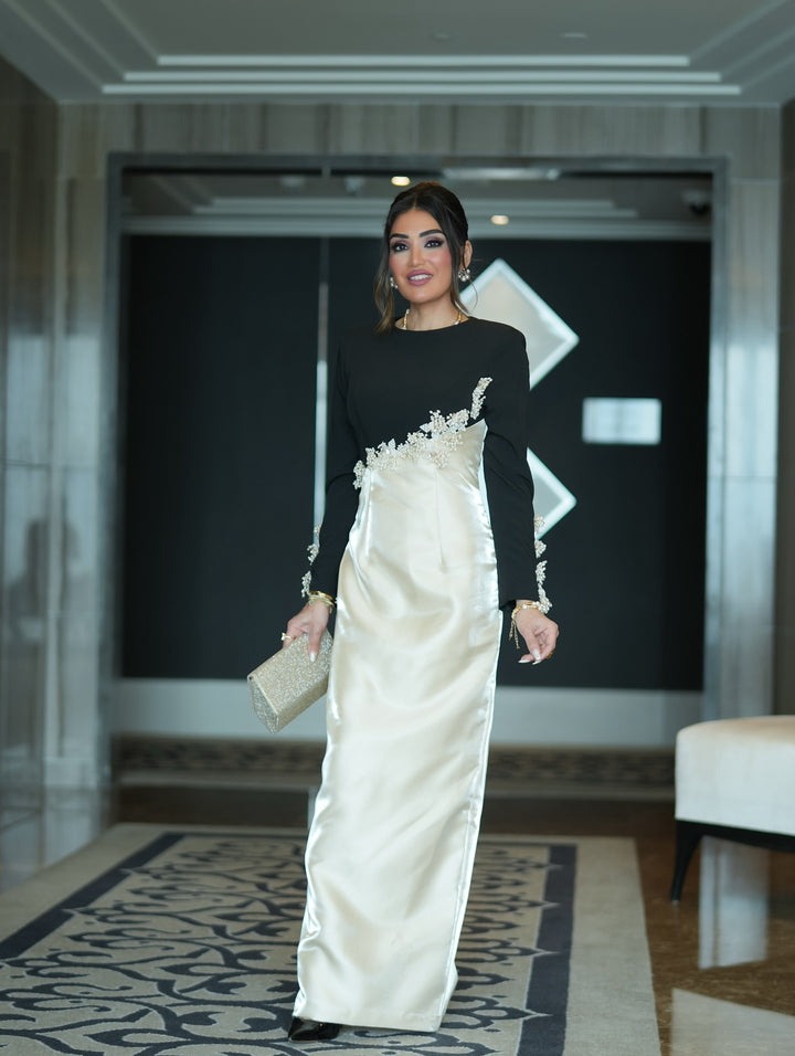 Long sleeve column dress with diagonal embellishments - LYSSA