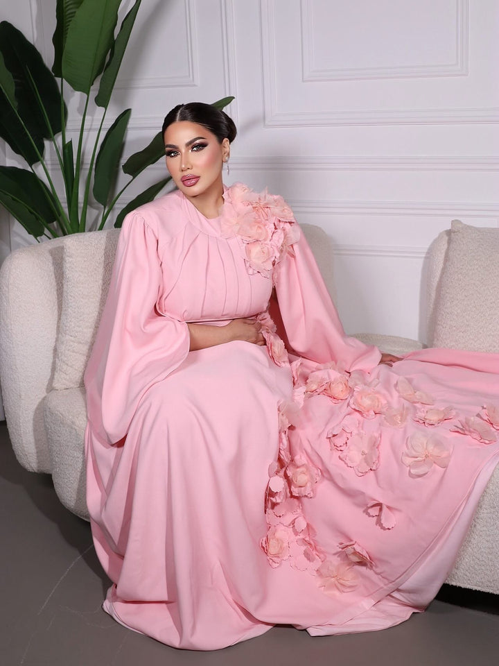 3D flowered maxi dress with cape sleeves-Trisha